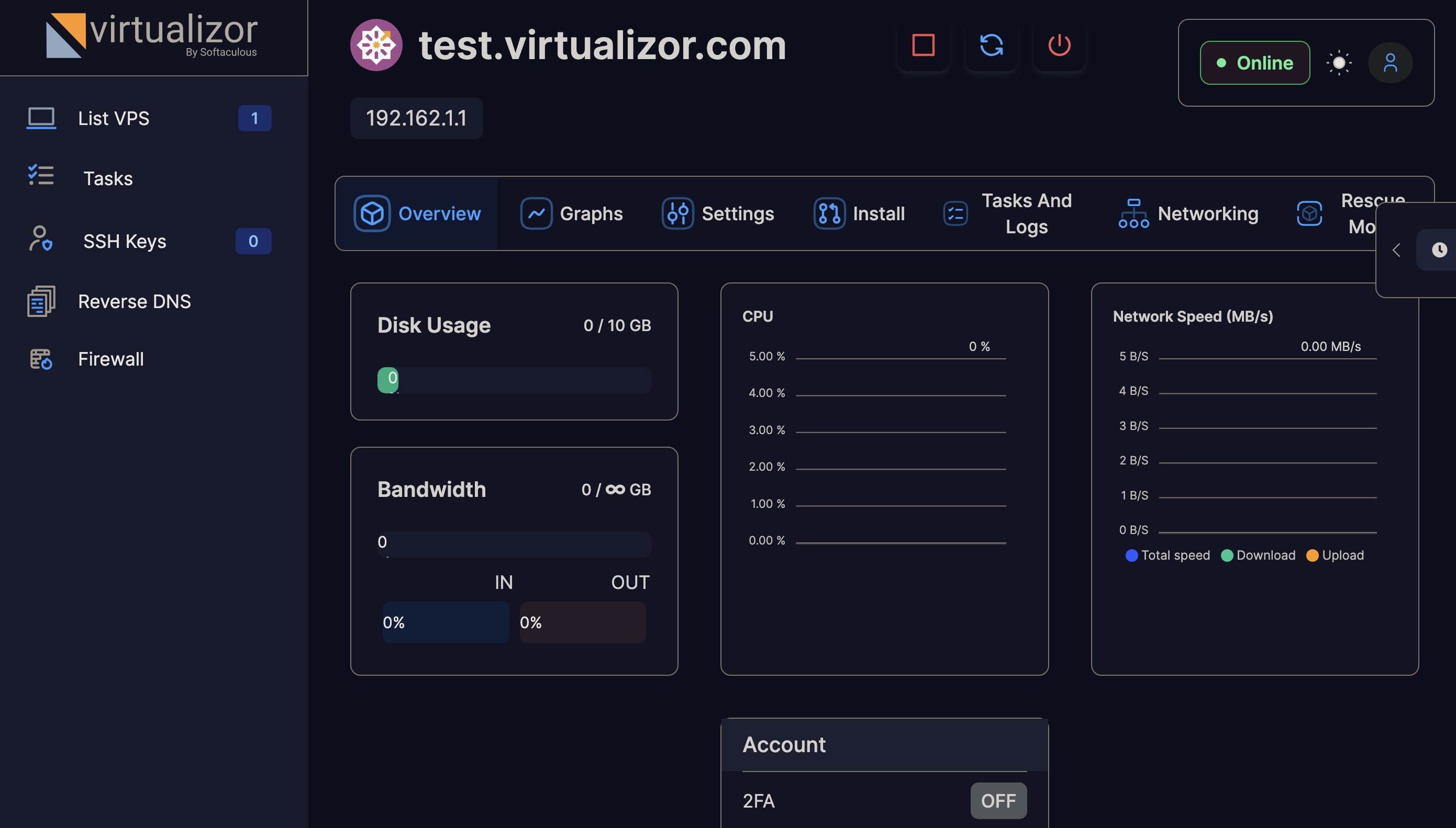 Virtualizor VPS control panel dashboard